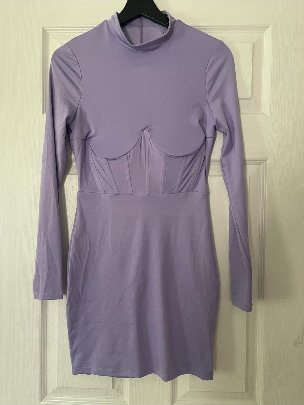 Women’s Long Sleeve Mock Neck Mini Dress in Lavender bodycon corset medium - Picture 2 of 4